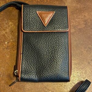Vintage GUESS Black Brown Pebbled Leather Crossbody Wallet Plus Size Friendly!